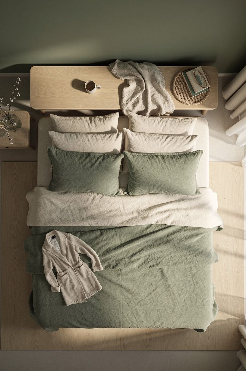 I replaced the fussy pillow pile with one honest layer, sage green palette