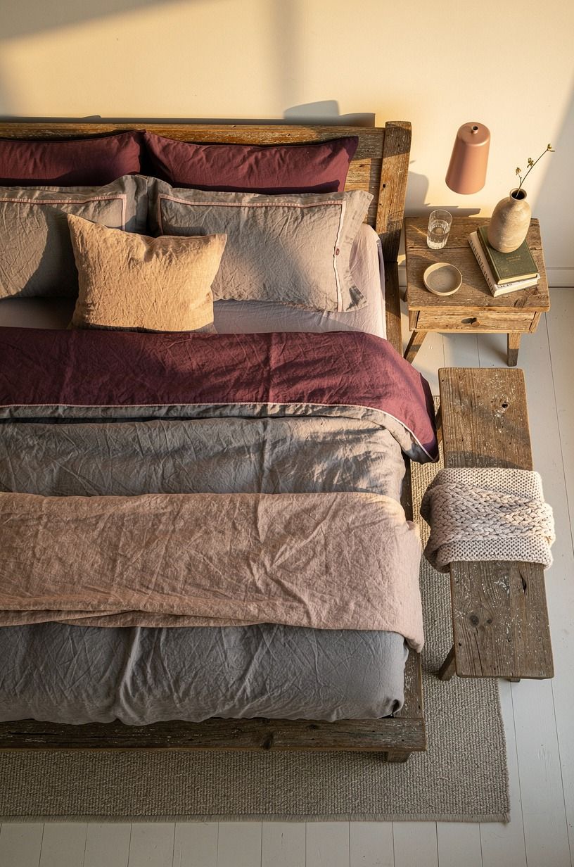 I softened the bed with breathable layers, plum palette