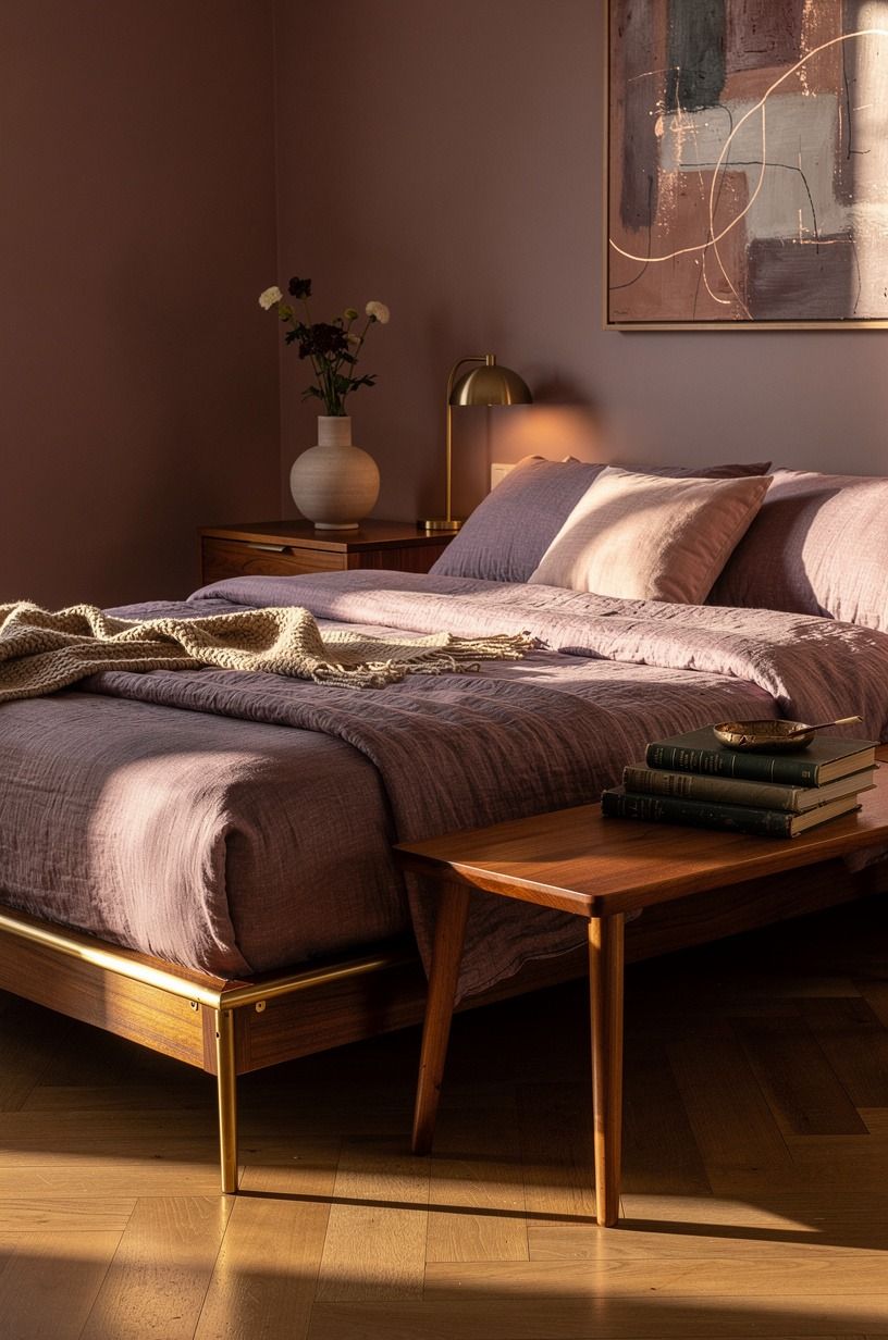 I softened the room with a little color, plum palette