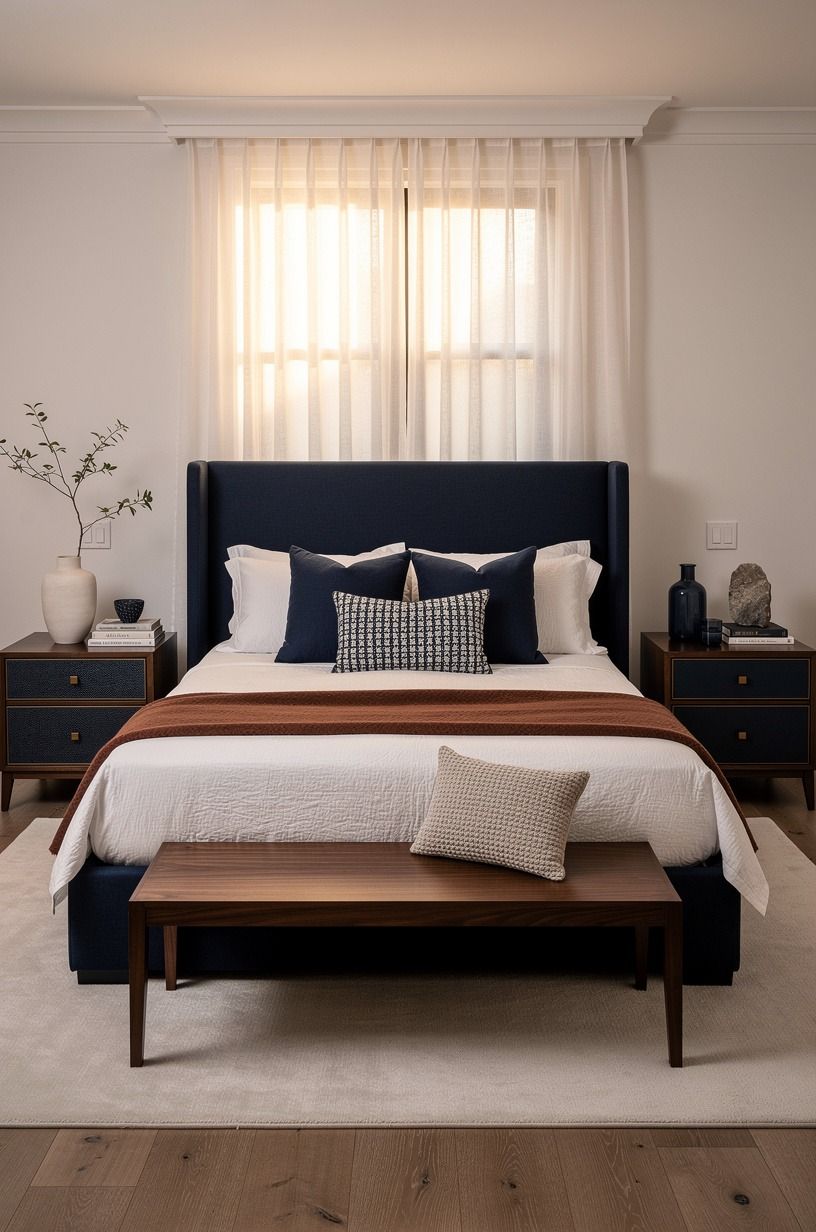 I started with the bed, not the decor, navy palette