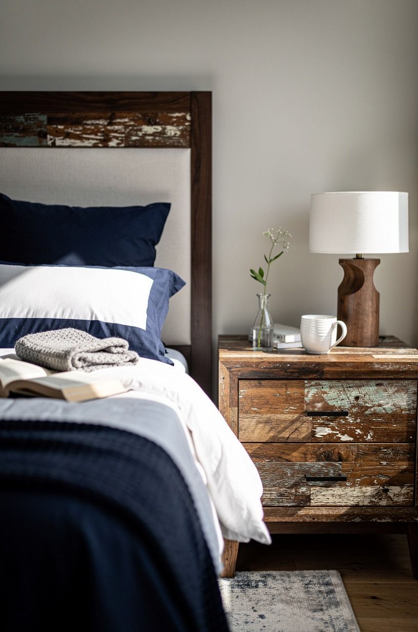 I started with the bed, not the decor, navy palette