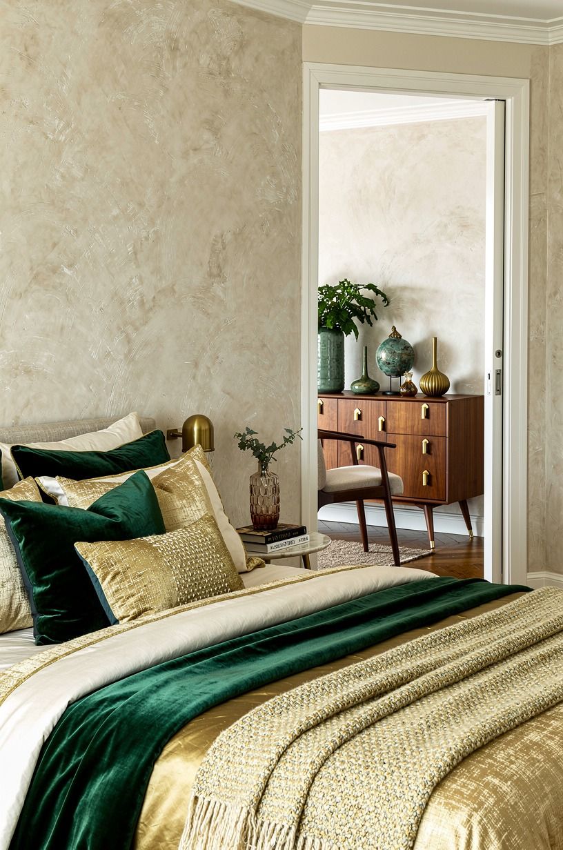 I started with the bed, not the walls, emerald palette