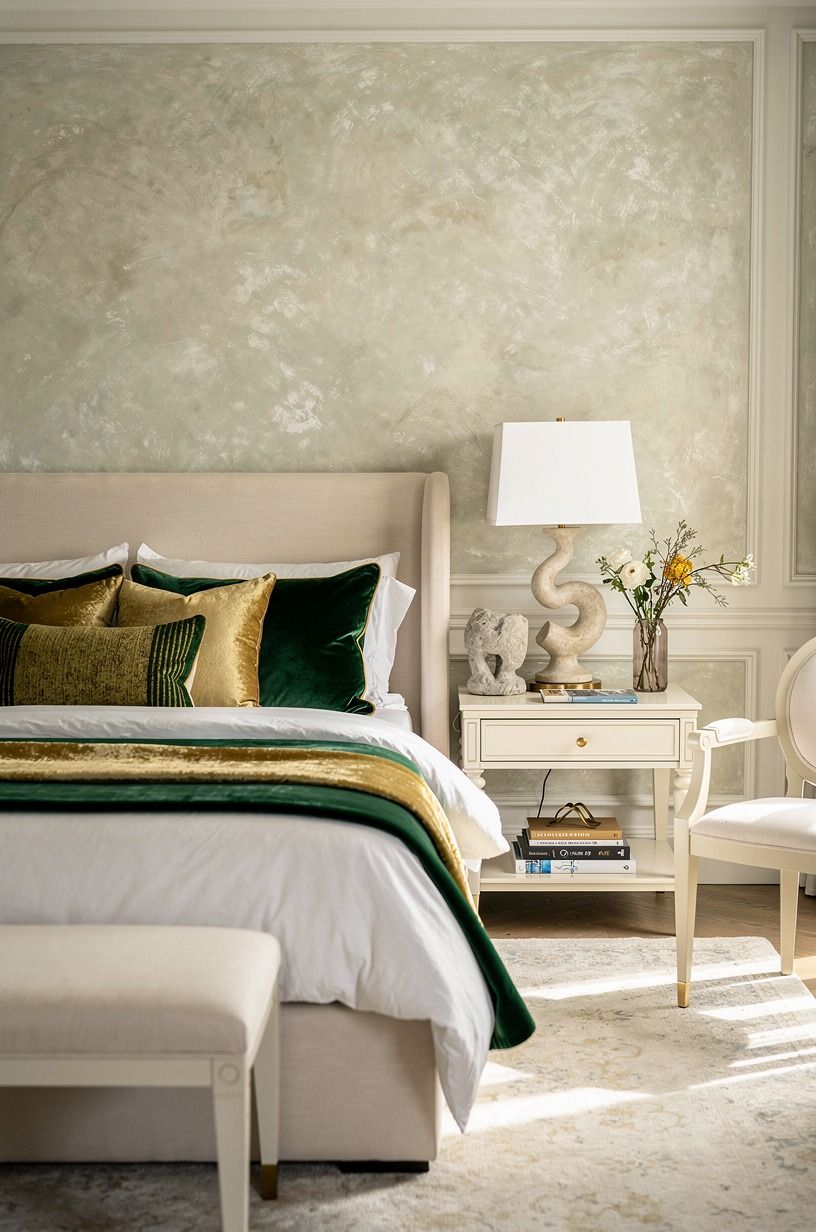 I started with the bed, not the walls, emerald palette