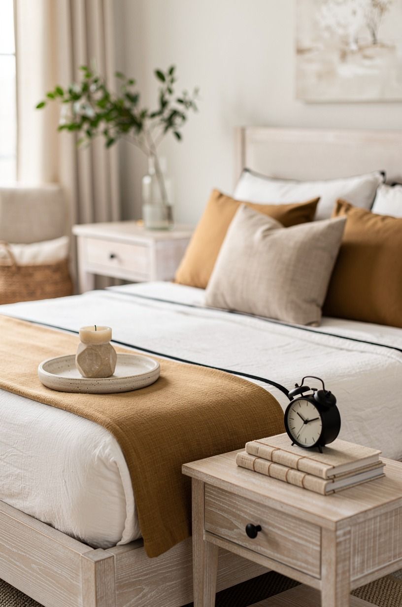I started with the bed, not the walls, warm white palette