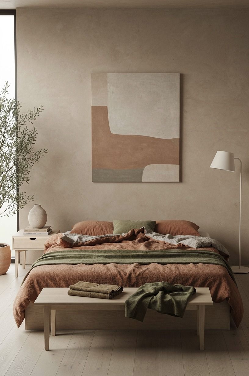 I stripped the bed back to breathable layers, terracotta palette