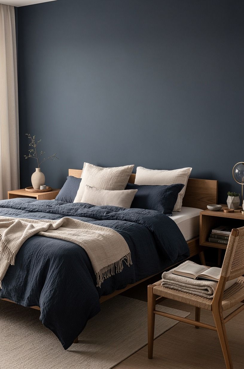 I swapped the bedding before I touched the walls, midnight blue palette
