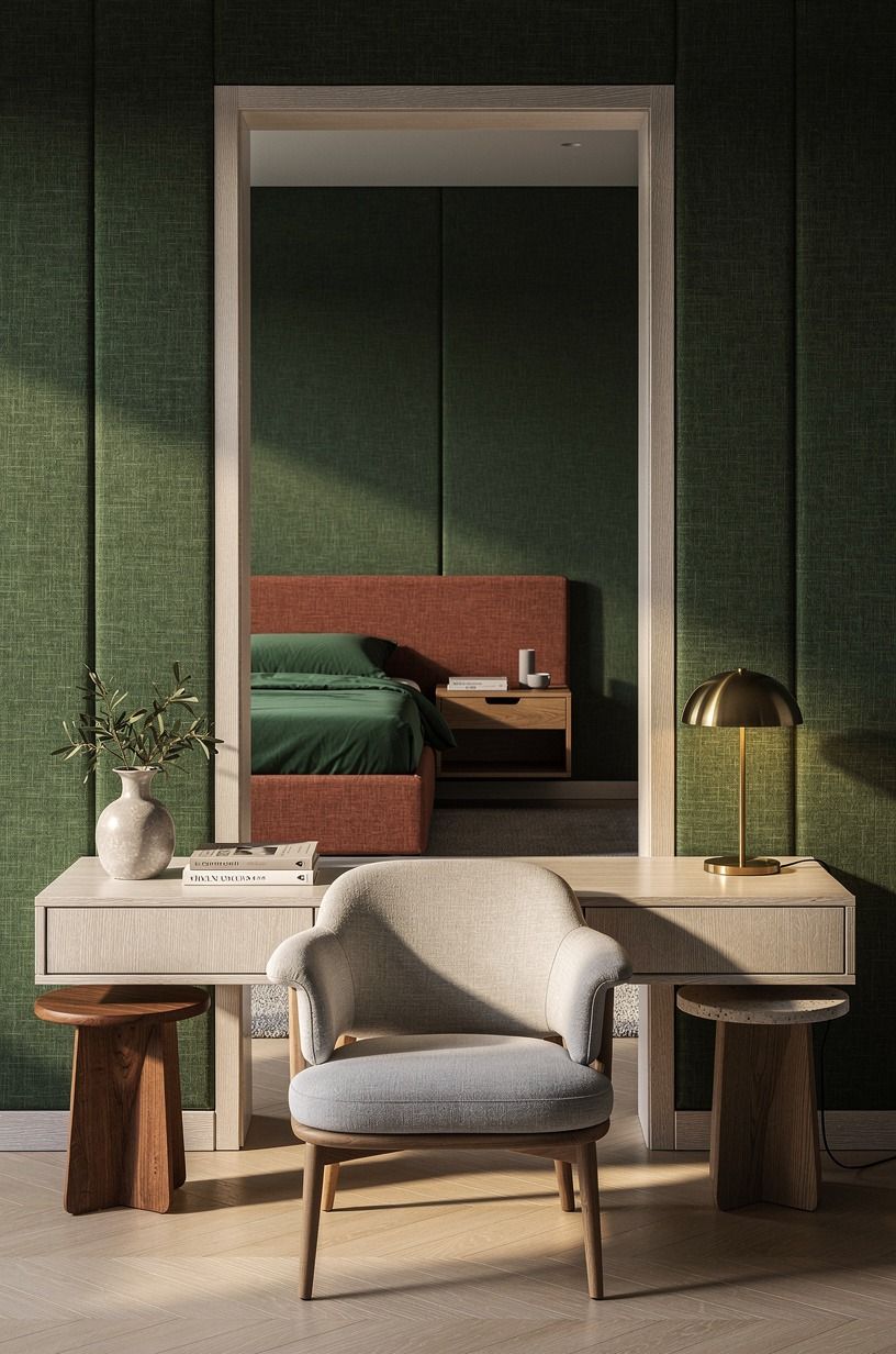 I used fabric instead of paint to warm the walls, forest green palette