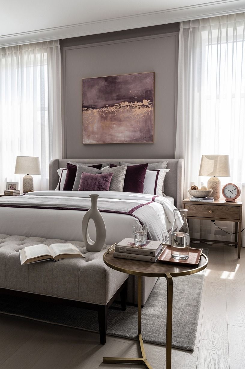 I used percale to make the room feel airy, plum palette