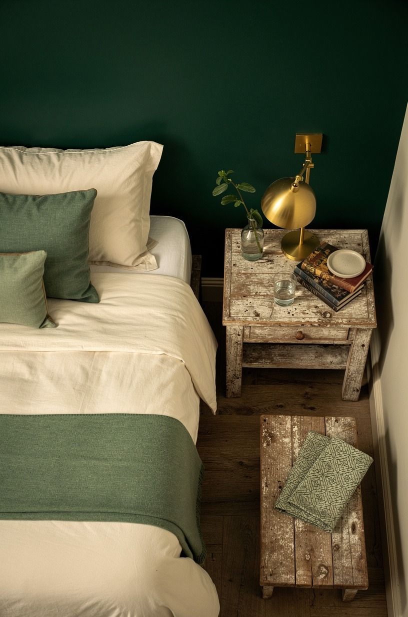 I used removable color to soften the rental walls, emerald palette
