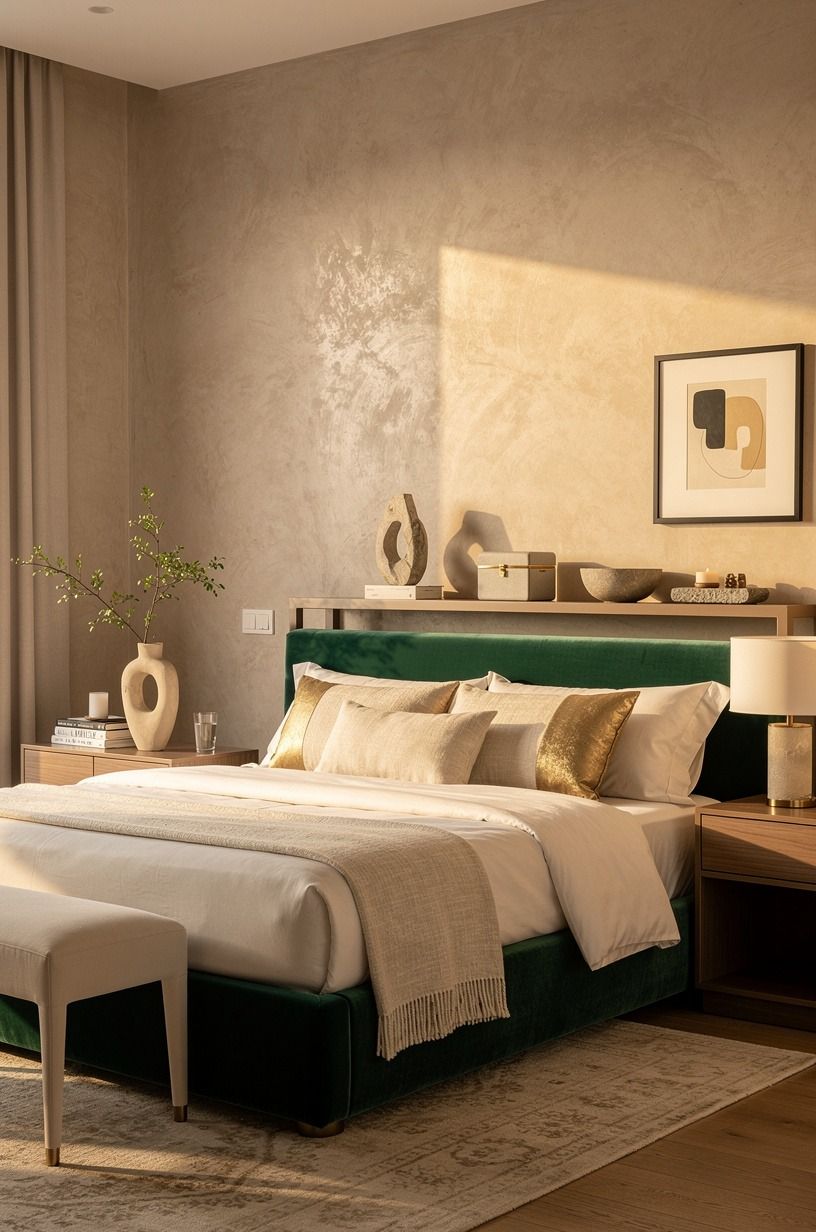 I used warm neutral bedroom decor on the walls, emerald palette