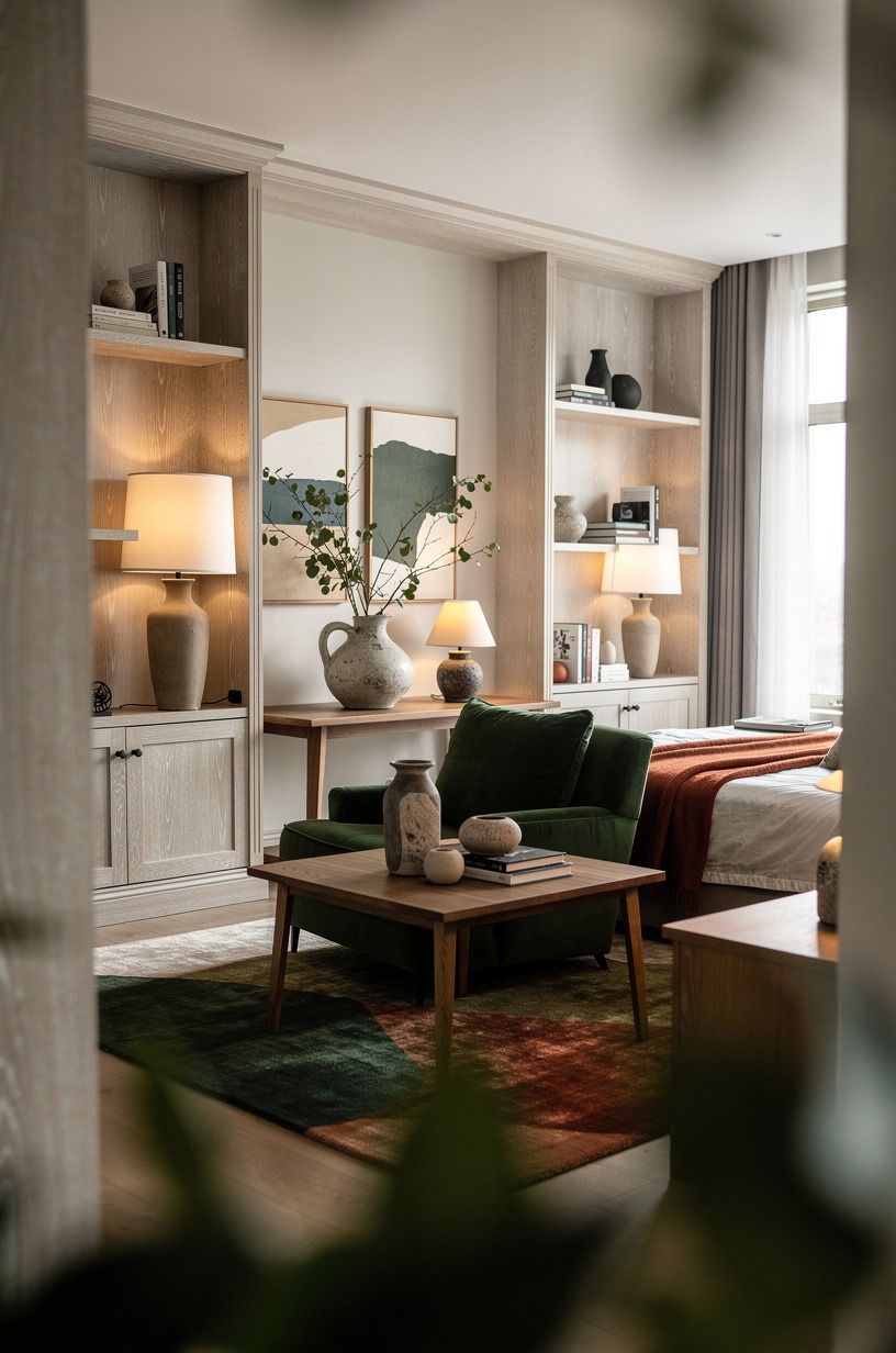 I used wood to make the room feel grounded, forest green palette