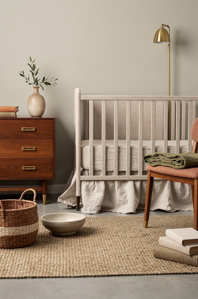 Layer a Belgian flax linen crib skirt (the Soft-Edge Rule)