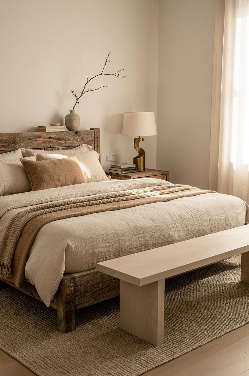 Stage two: I made the bedding feel quiet, clay palette
