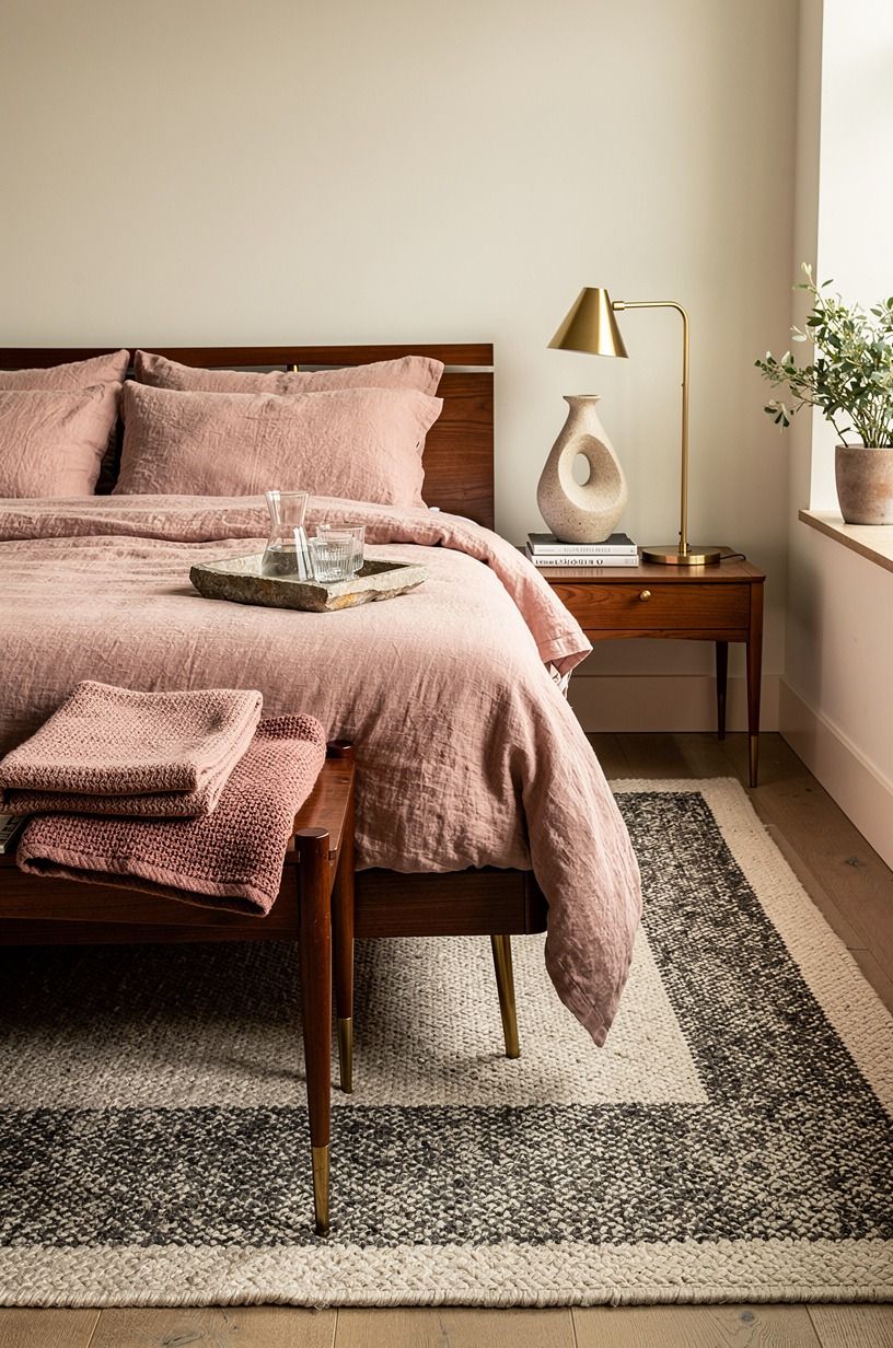 The bed became my one serious purchase decision, dusty rose palette