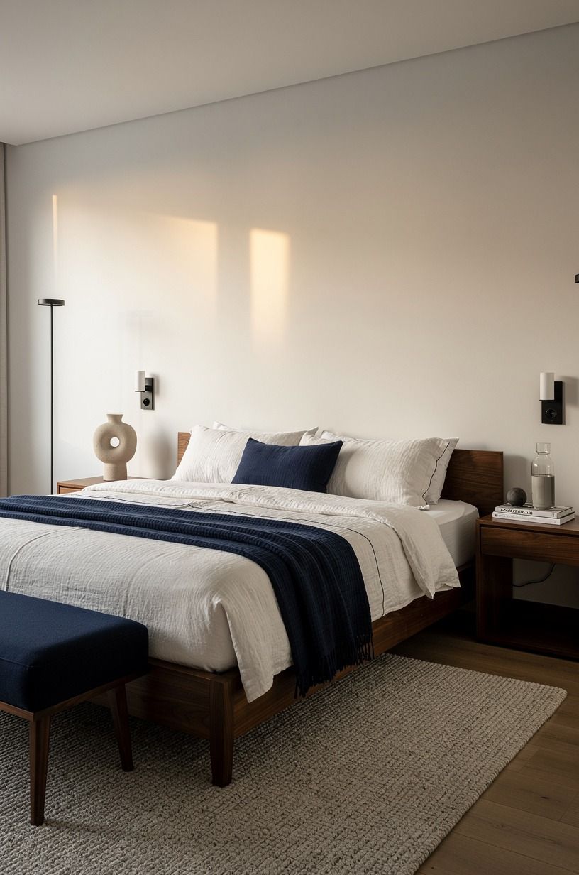 The bed decision changed the whole room, navy palette