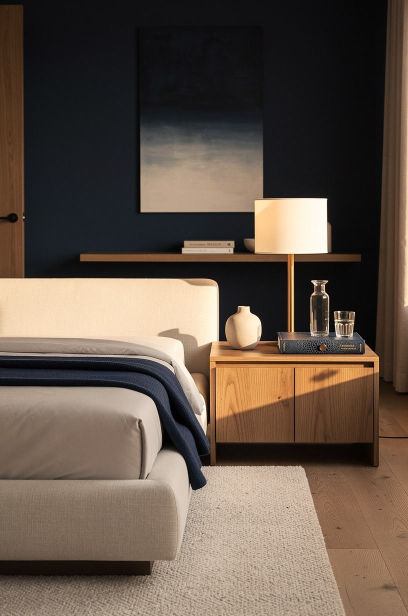 The bedside details made the room feel finished, midnight blue palette