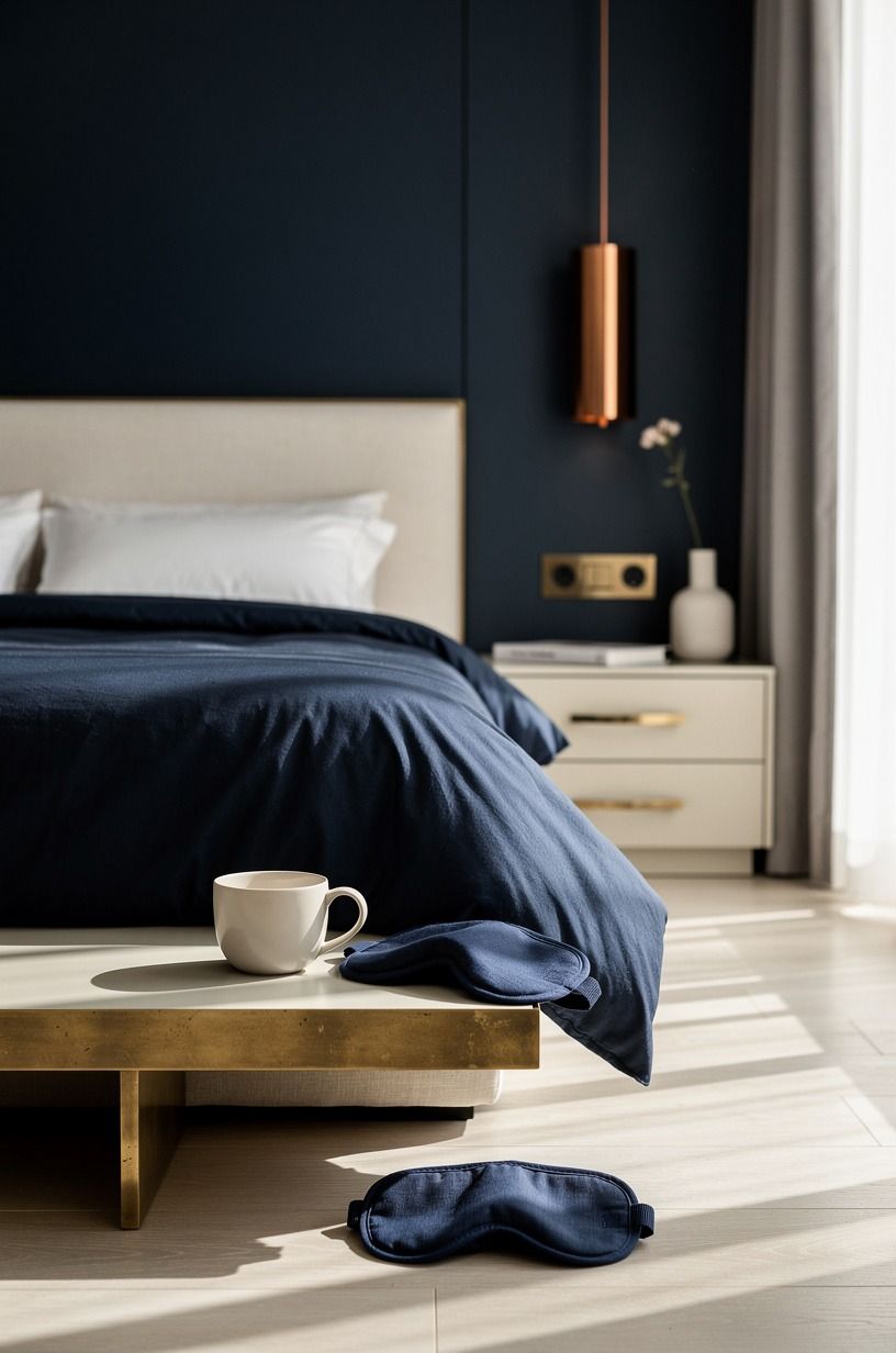 Calm bedroom at night with one lamp, sleep mask and simple bedside