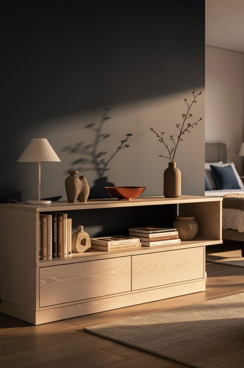 The low shelf gave the room a job, midnight blue palette