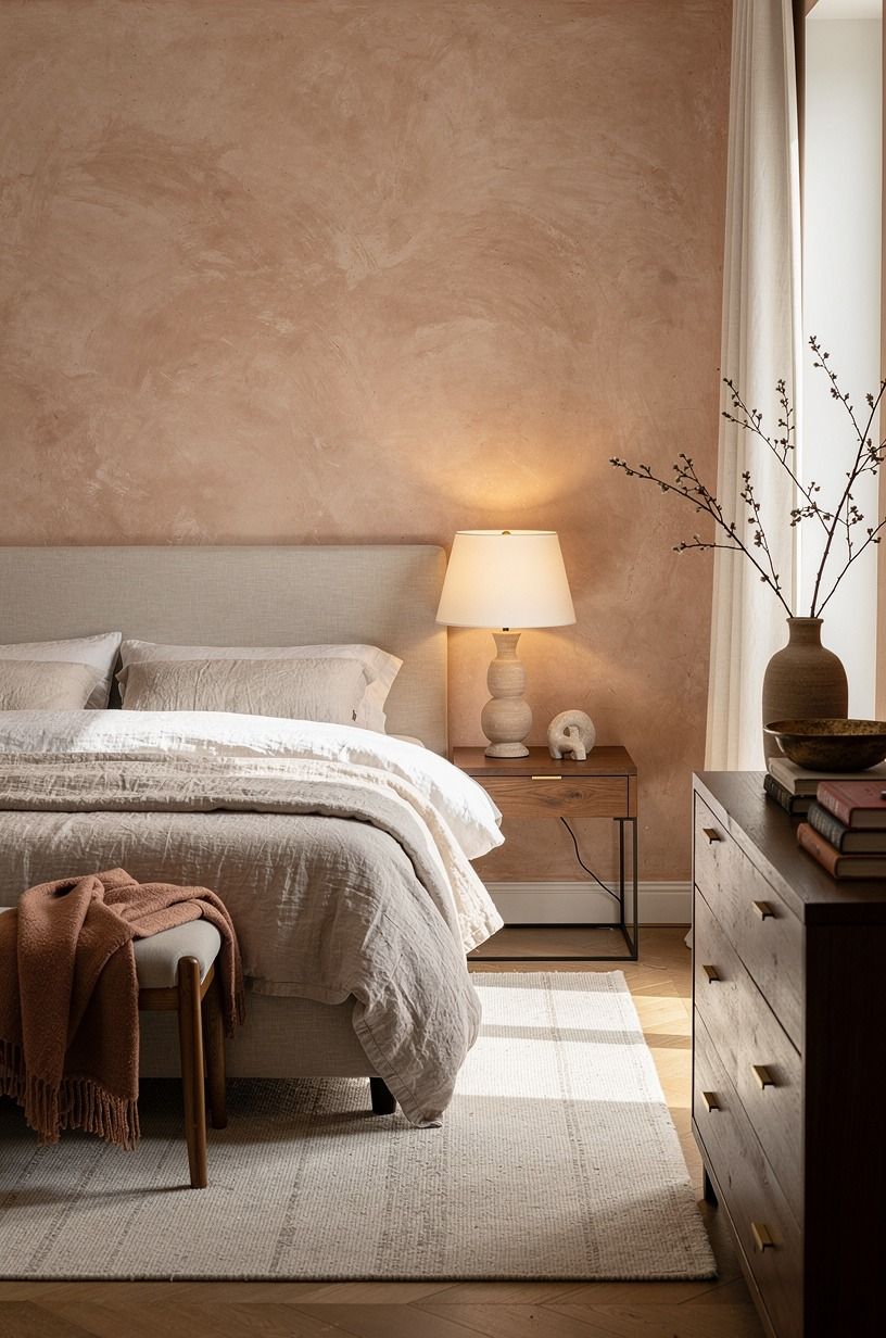 Warm ivory organic cotton sheets against a pale plaster wall