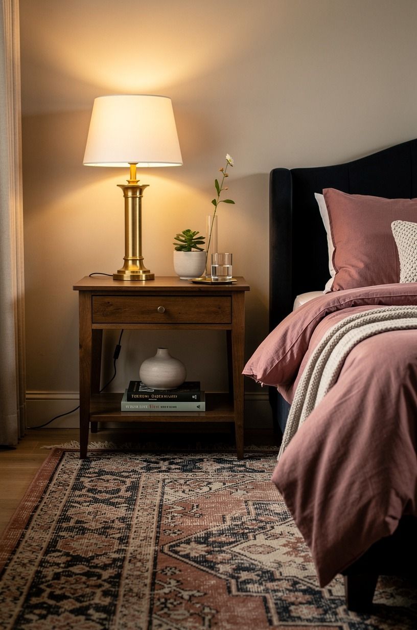 The rug and lamp made the thrifted pieces belong together, dusty rose palette