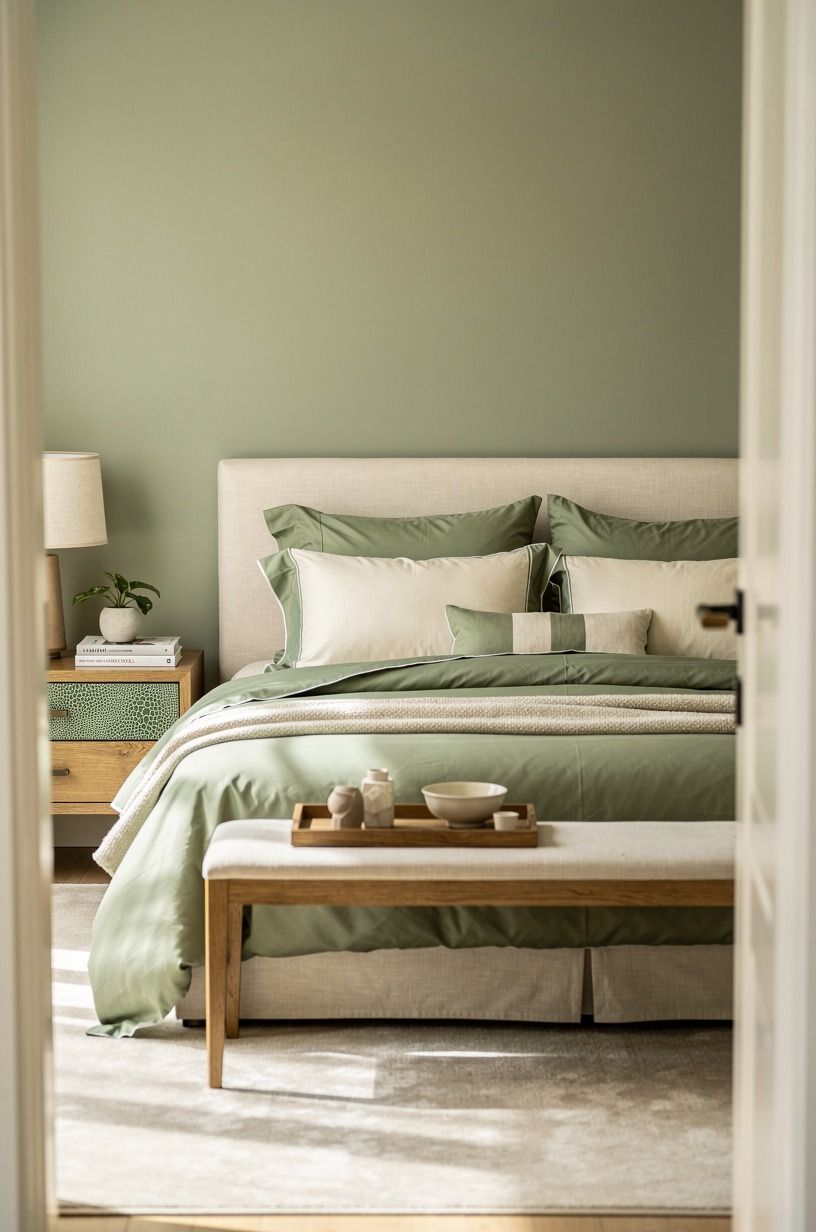 The sheet decision mattered more than the paint, sage green palette