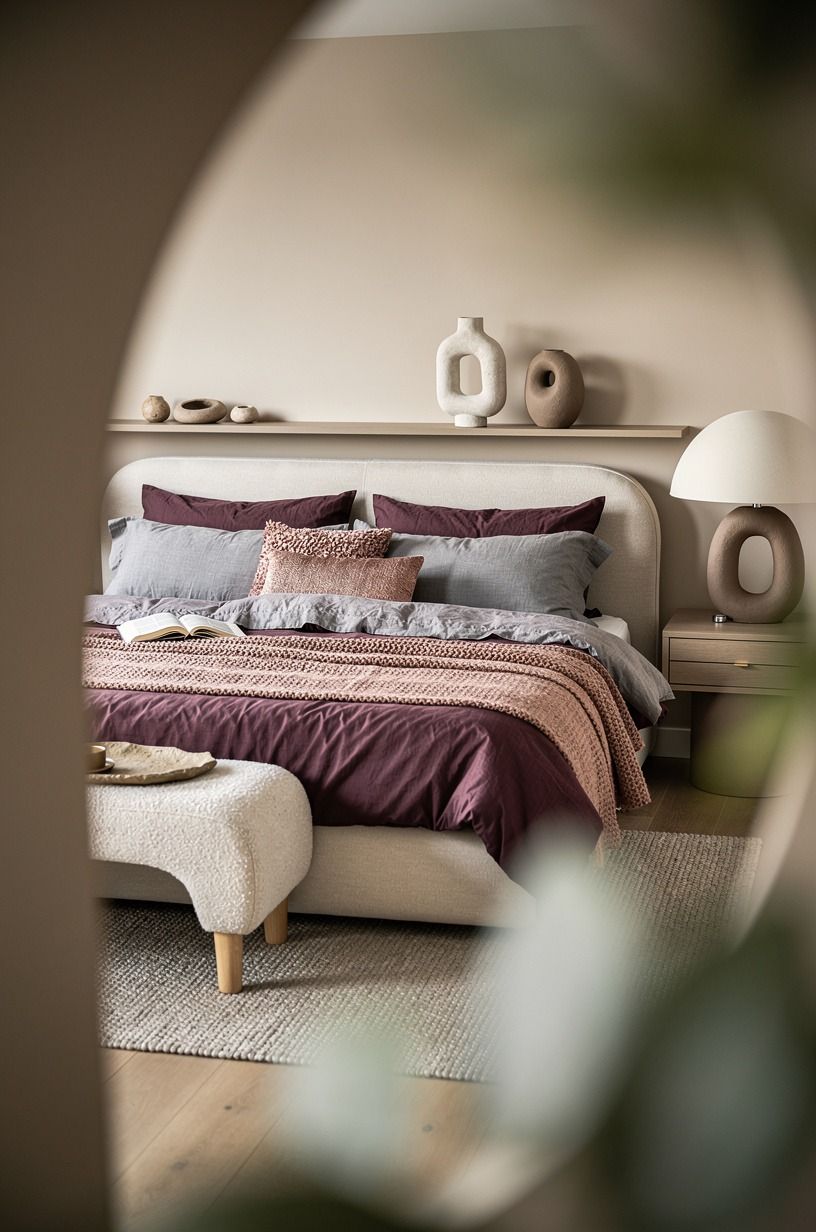 The Soft-Edge Layering Rule made the bed look lived-in, plum palette