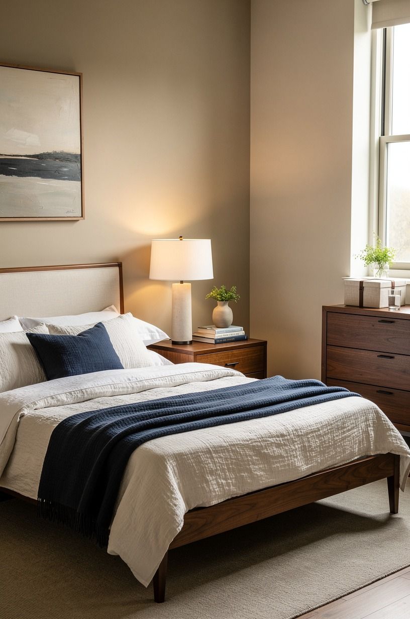 The warm neutral bedroom color did more than the art, navy palette