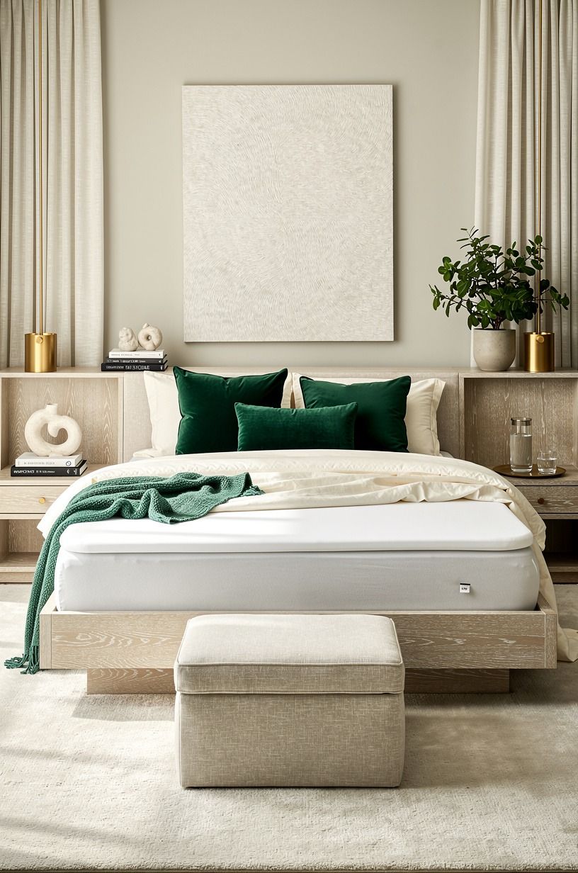 Bed with washable organic mattress pad layer under crisp sheets