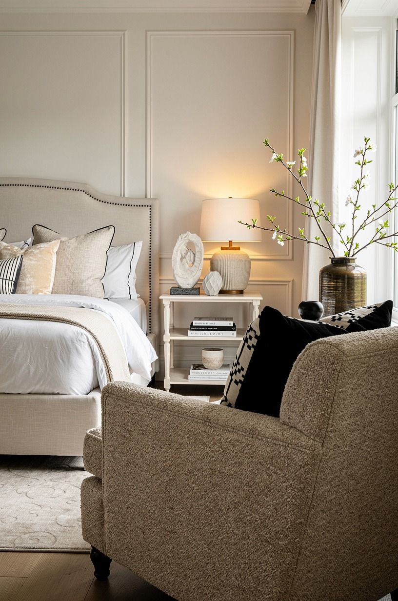 Bedroom detail with washable textiles and simple nightstand styling