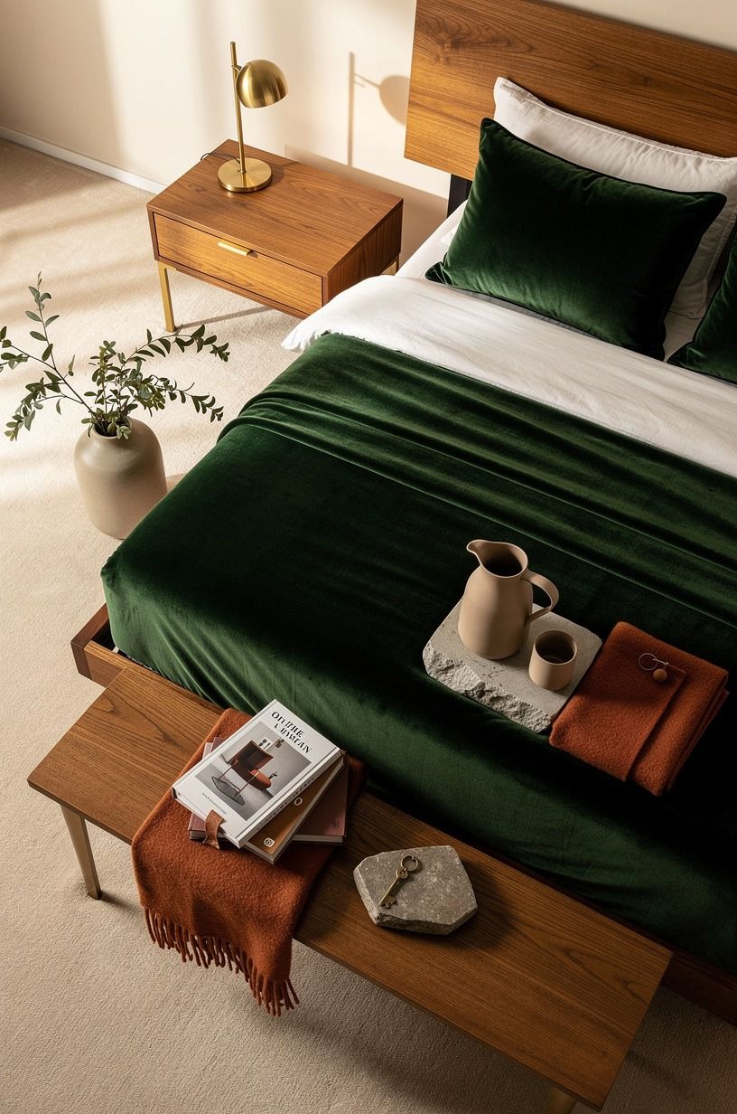 What I’d do differently in this warm neutral bedroom, forest green palette