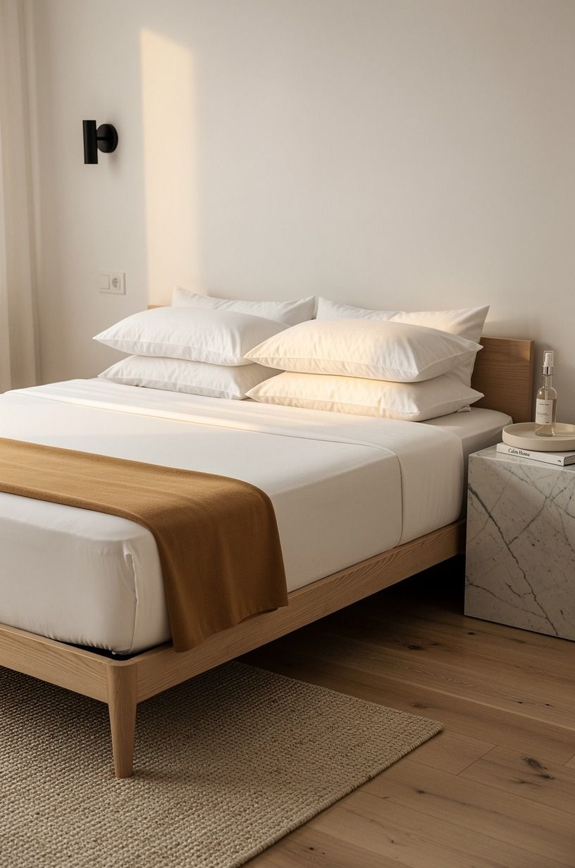 I made the bed feel finished with one crisp layer, warm white palette