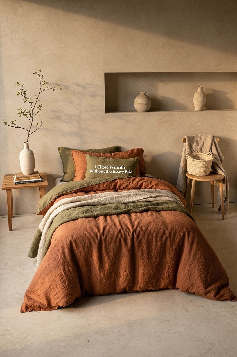 I Chose Warmth Without the Heavy Pile, terracotta palette