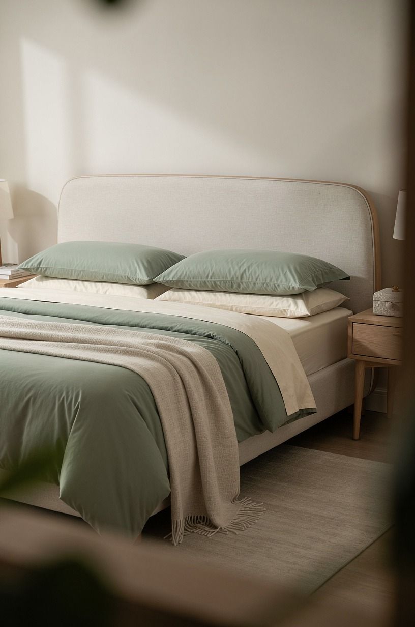 I Stripped the Bed Back to Its Quietest Version, sage green palette