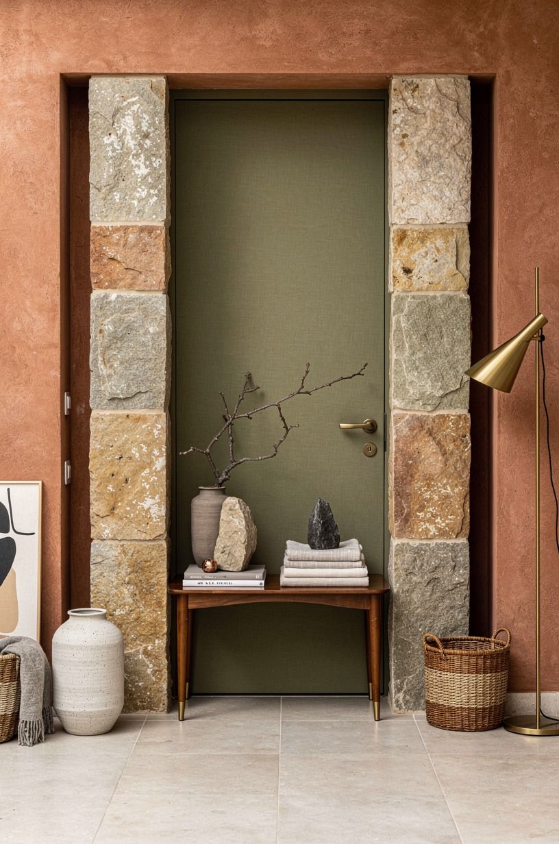 Frame the door with matching narrow towers