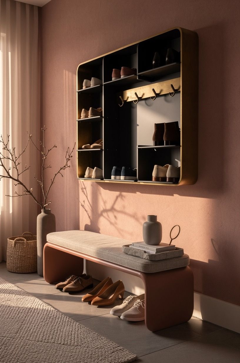 Hang wall mounted shoe storage behind a bench