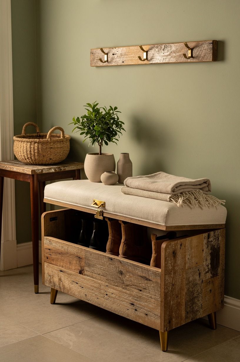Put boots in a lidded upholstered bench