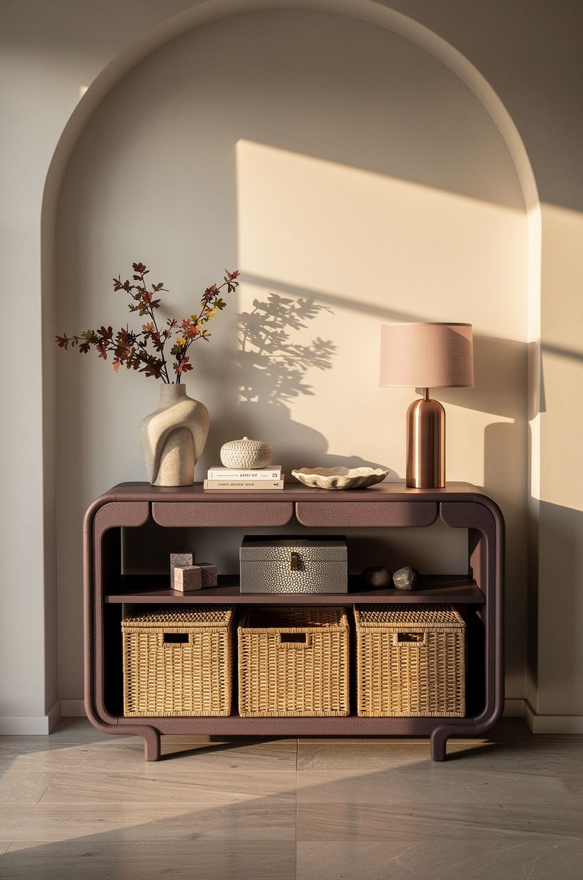 Swap a console’s lower shelf for baskets with lids