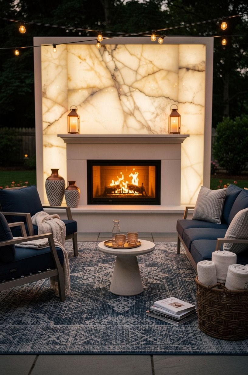 Anchor patios with fireplaces using one proper rug