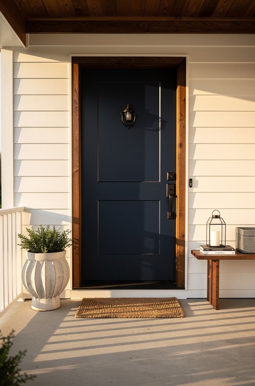 Anchor your house door color ideas with dark hardware