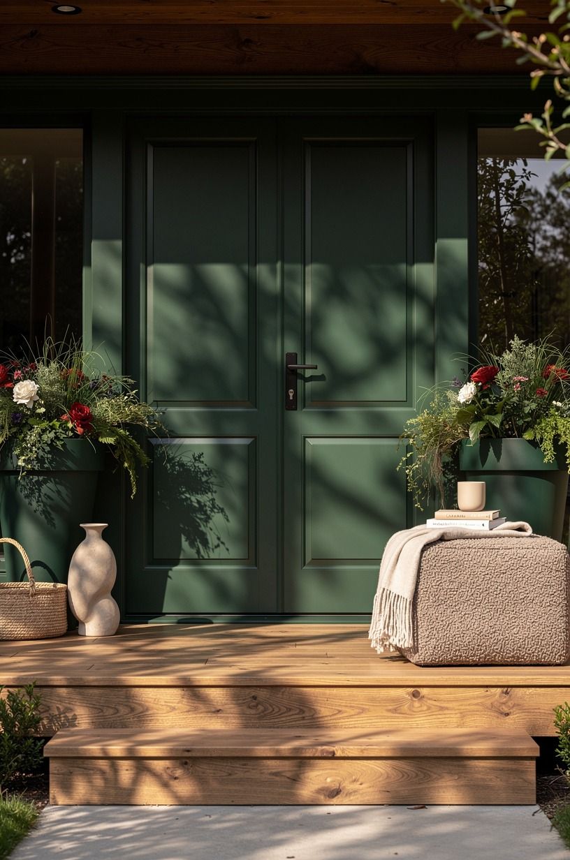 Frame Painted Front Doors With Deep Green Planters