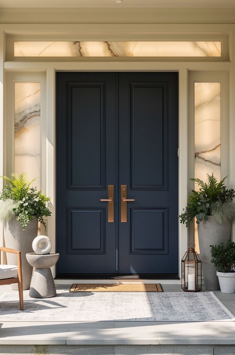 Frame painted front doors with taller planters