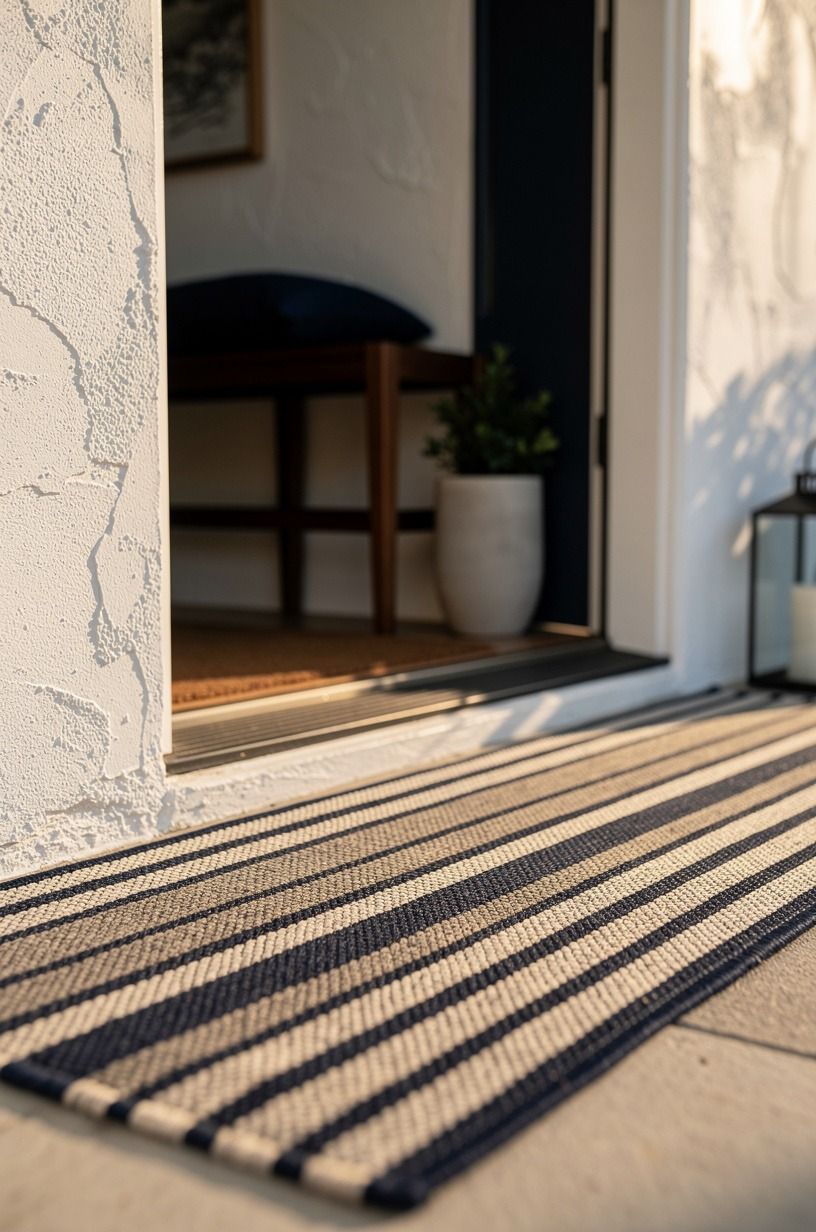 Let coloured front doors meet a striped rug