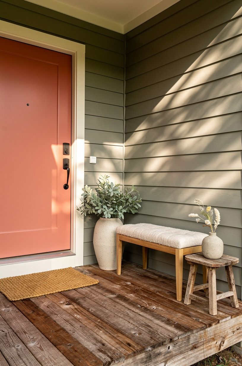 Pick Coral Pink for Cool Doors Entrance With Gray Siding