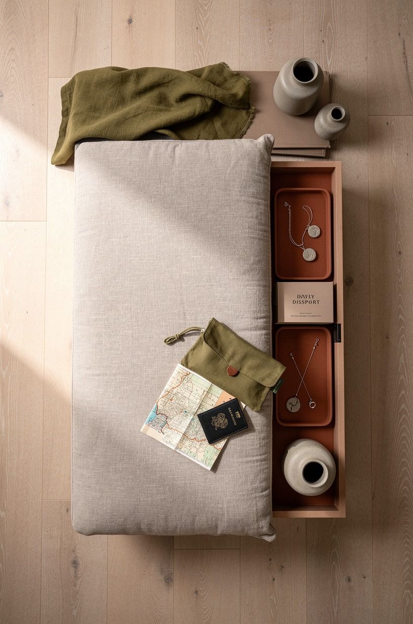Tuck travel pieces beneath a bench cushion