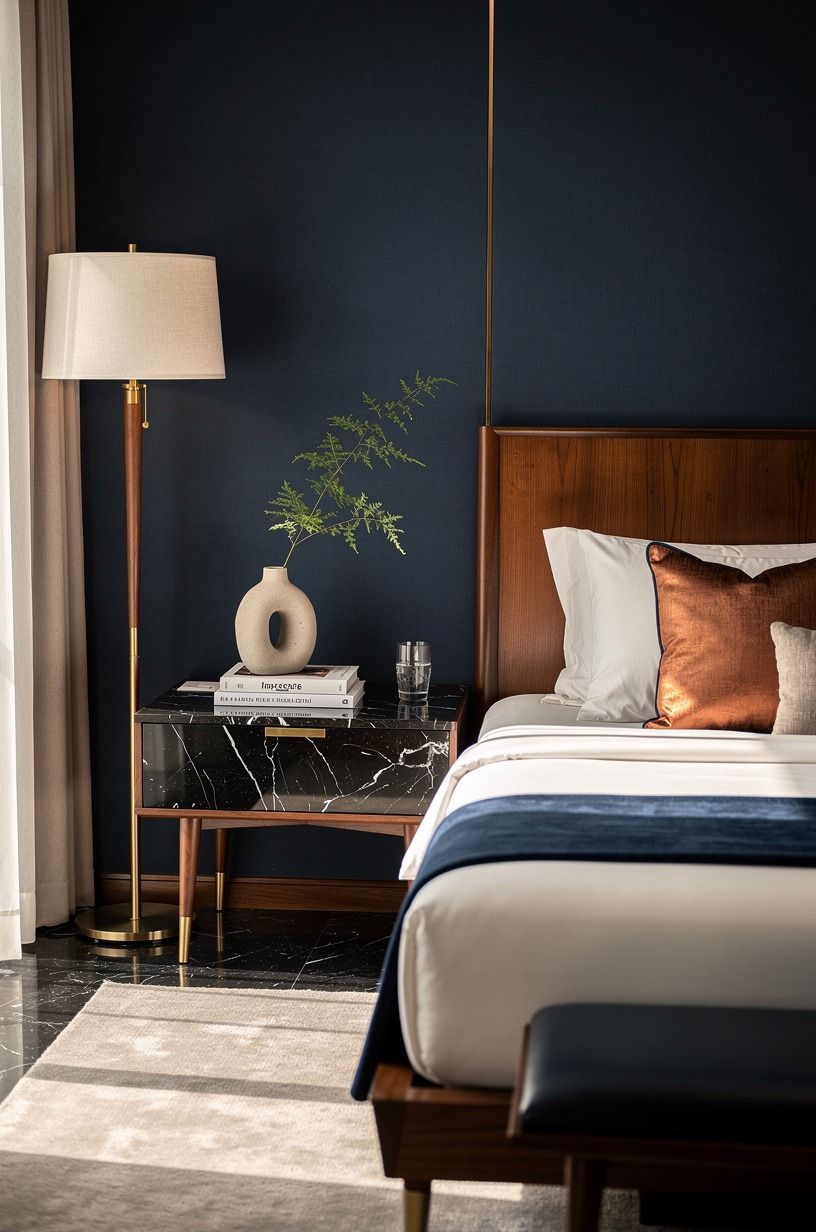 I let the room around the bed go quieter, midnight blue palette