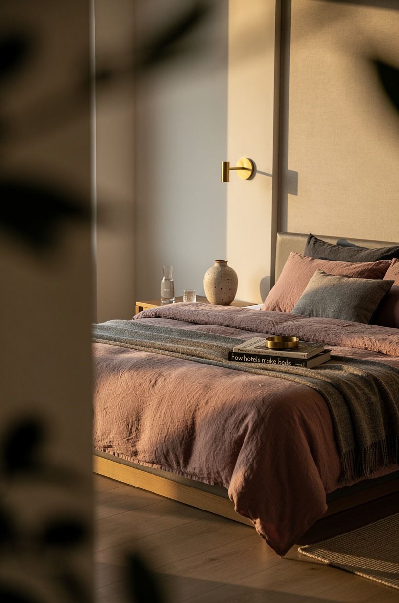 I made the comforter look full, not fussy, dusty rose palette