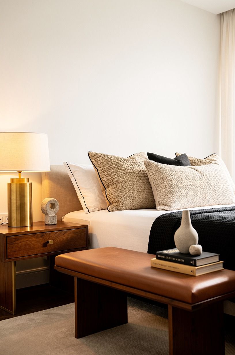 My pillow rule is fewer, better, and slightly oversized, warm white palette