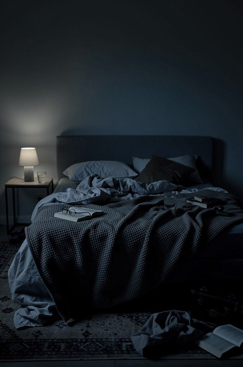 The night I admitted my bed felt like a waiting room, midnight blue palette