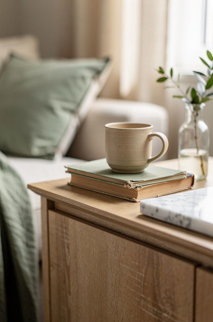 I let the room look lived in, not expensive, sage green palette