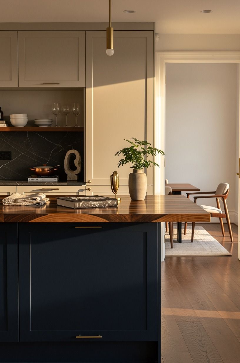 Anchor the Room With a Calm Cabinet Color